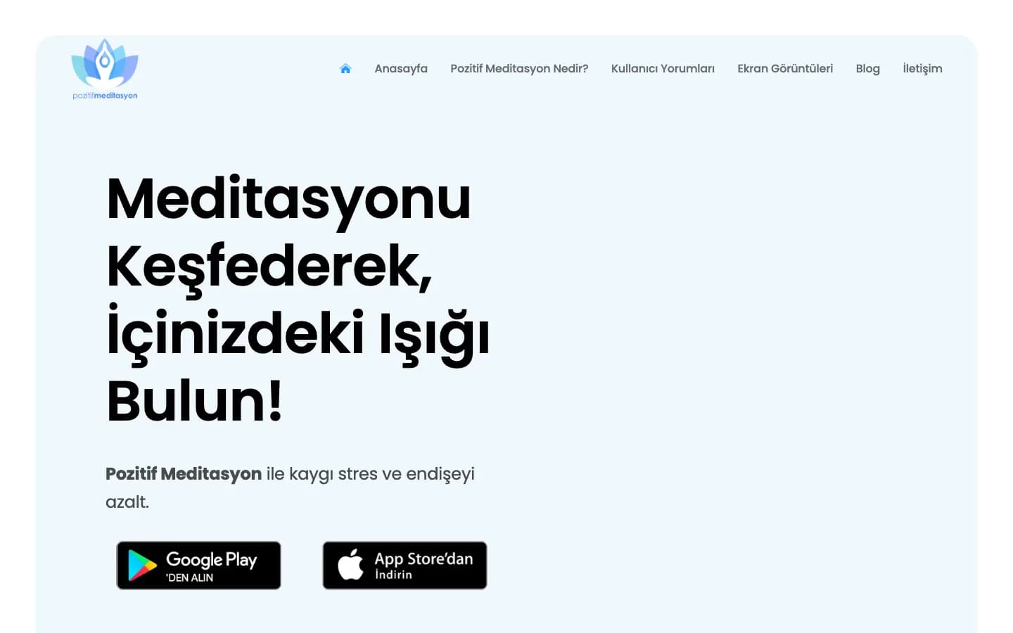 Pozitif Meditasyon web sitesinin ana sayfası: açık mavi arka plan, meditasyon başlığı ve uygulama mağazası bağlantıları