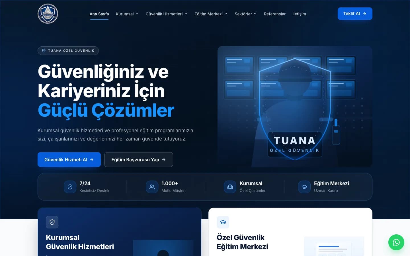 Tuana Özel Güvenlik web sitesinin ana sayfası: lacivert arka plan üzerinde güvenlik hizmetleri ve eğitim merkezi başlıkları